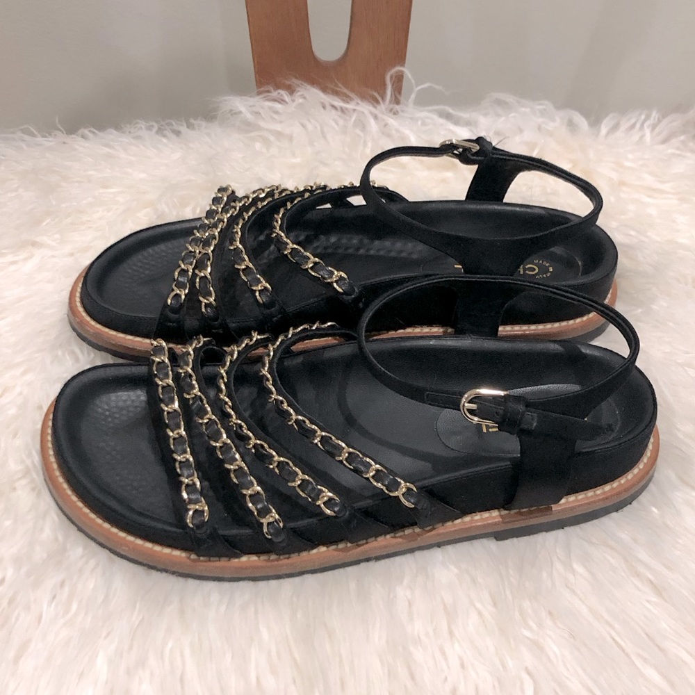 CHANEL Black leather and Satin with Gold Chain Sandals - Picture 2 of 10